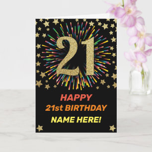 Carte Joyeux 21e anniversaire Black & Gold Rainbow Firew