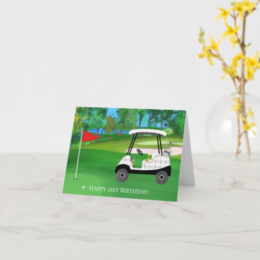 Carte Joyeux 21e Anniversaire Golf Avec Panier, Bière, H (Fleur jaune)