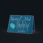 Carte Joyeux 21e anniversaire Nom bleu<br><div class="desc">Un design élégant de typographie ornée aux couleurs masculines pour un 21ème anniversaire. Happy Birthday est placé dans un script décoratif en bleu, et l'âge est dans une police de coordonnées en turquoise doux, avec le nom de votre destinataire, sur un arrière - plan bleu foncé. Vous pouvez modifier le...</div>
