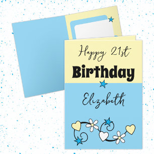 Carte Joyeux 21e anniversaire nom bleu jaune