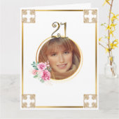 Carte Joyeux 21e anniversaire photo or croix fleur rose (Fleur jaune)