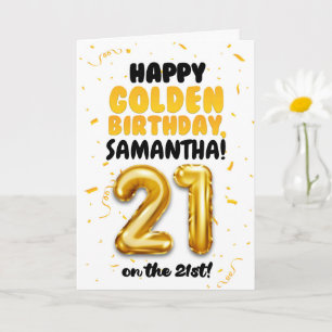 Carte Joyeux 21ème anniversaire doré, Nom personnalisé d