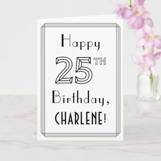 Carte Joyeux 25ème anniversaire, Art Déco Style avec Nom (Orchidée)