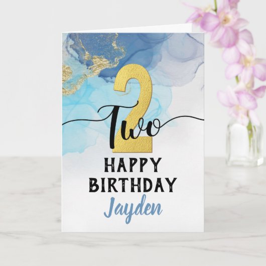Carte Joyeux 2e anniversaire Aquarelle bleue & Gold Boy (Orchidée)