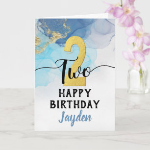 Carte Joyeux 2e anniversaire Aquarelle bleue & Gold Boy