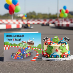 Carte Joyeux 2ème anniversaire Dinosaur Course Automobil
