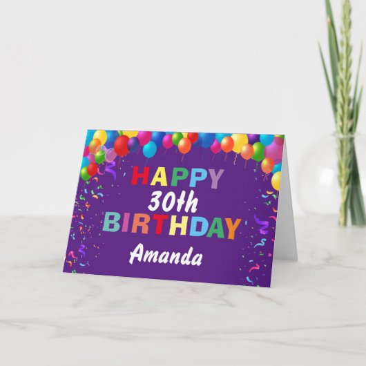 Carte Joyeux 30e anniversaire ballons colorés violet (Devant)