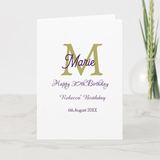 Carte Joyeux 30e Anniversaire monogramme moderne nom gol (Devant)