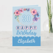 Carte Joyeux 30e anniversaire nom floral bleu (Devant)