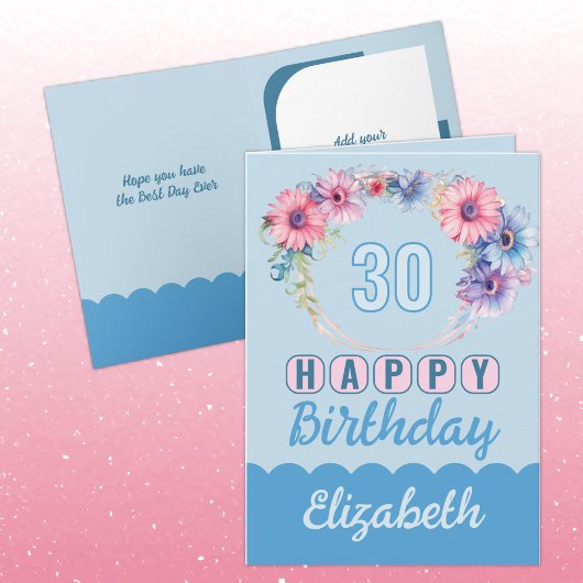 Carte Joyeux 30e anniversaire nom floral bleu