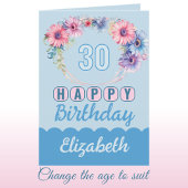 Carte Joyeux 30e anniversaire nom floral bleu