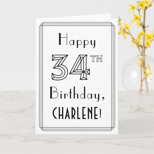 Carte Joyeux 34e anniversaire, style Art déco avec nom p (Fleur jaune)