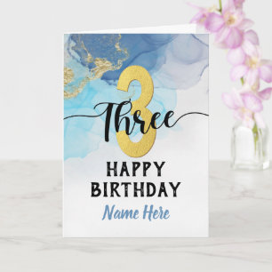 Carte Joyeux 3e anniversaire aquarelle Bleu & or Garçon