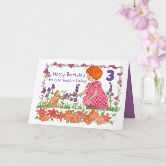 Carte Joyeux 3e anniversaire fille Ginger Hair Kitten Ch (Orchidée)