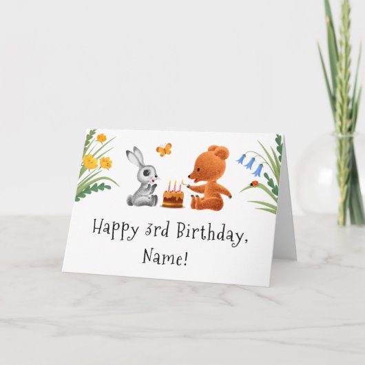 Carte Joyeux 3e anniversaire Teddy Bear Bunny Cake Candl (Devant)