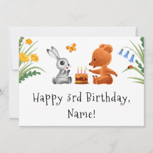Carte Joyeux 3e anniversaire Teddy Bear Bunny Cake Card