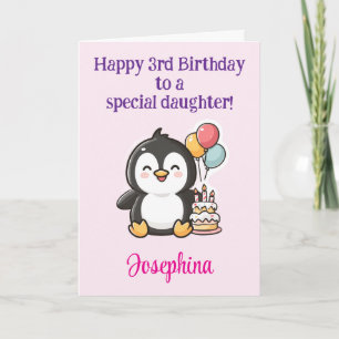 Carte Joyeux 3ème Anniversaire Fille, Pingouin Personnal
