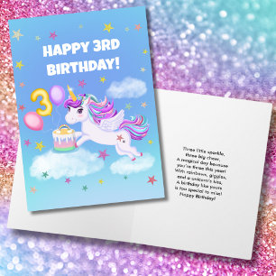 Carte Joyeux 3ème anniversaire Licorne avec gâteau d'ann
