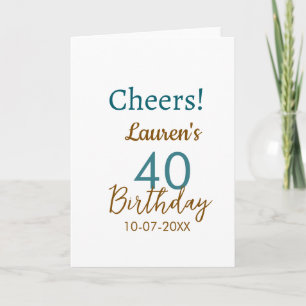 Carte Joyeux 40e anniversaire nom date marron turquoise