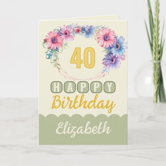 Carte Joyeux 40e anniversaire nom fleuri jaune (Devant)