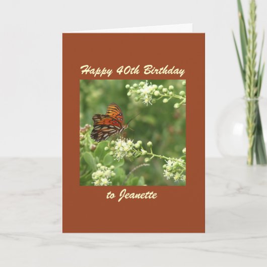 Carte Joyeux 40e anniversaire, nom, papillon orange (Devant)