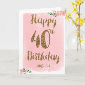 Carte Joyeux 40e anniversaire rose et or (Fleur jaune)