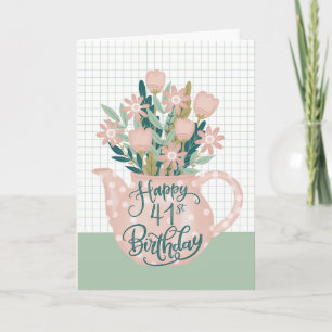Carte Joyeux 41e Anniversaire avec Théière à Fleurs à po