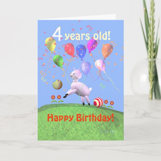 Carte Joyeux 4 Anniversaire agneau et ballons (Devant)