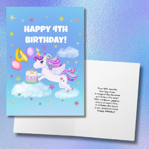 Carte Joyeux 4 Anniversaire Unicorne avec gâteau d'anniv
