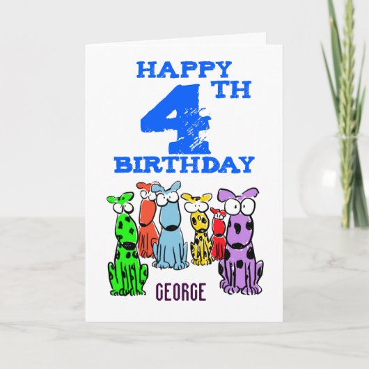 Carte Joyeux 4-e anniversaire caricature chiens (nom) ga (Devant)