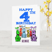 Carte Joyeux 4-e anniversaire caricature chiens (nom) ga (Fleur jaune)
