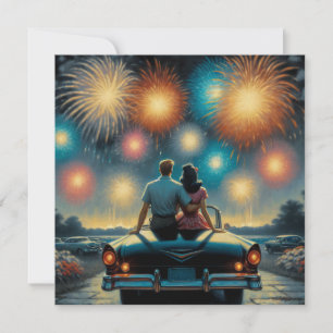 Carte Joyeux 4 juillet   Couple Fireworks des années 50