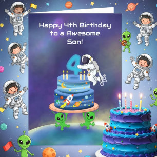 Carte Joyeux 4ème anniversaire Astronaute avec gâteau
