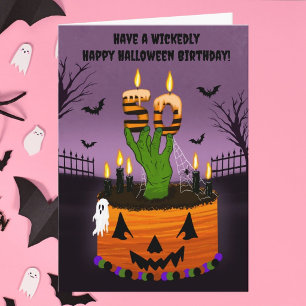 Carte Joyeux 50e anniversaire d'Halloween, gâteau effray