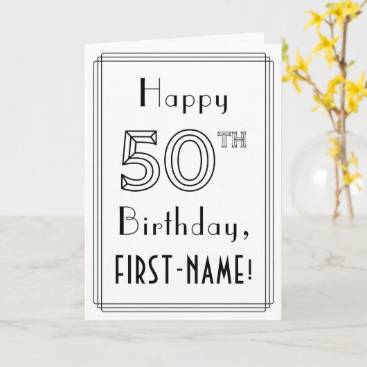 Carte Joyeux 50e anniversaire, style Art déco avec nom p (Fleur jaune)