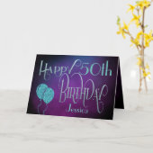 Carte Joyeux 50ème Nom Purple Turquoise Mystique Anniver (Fleur jaune)