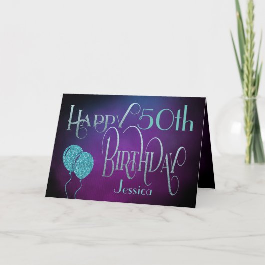 Carte Joyeux 50ème Nom Purple Turquoise Mystique Anniver (Devant)