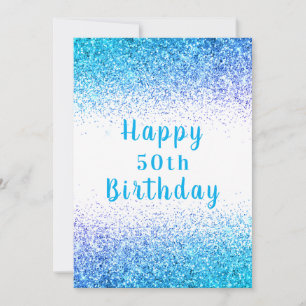 Carte Joyeux 50ème Parties scintillant Bleue Typographie