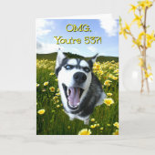 Carte Joyeux 53e anniversaire Funny Husky Chien (Fleur jaune)