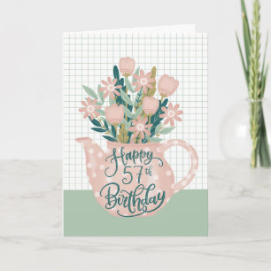 Carte Joyeux 57e Anniversaire avec Théière à Fleurs à po