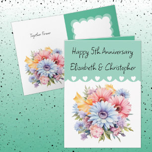 Carte Joyeux 5e anniversaire fleurs vert