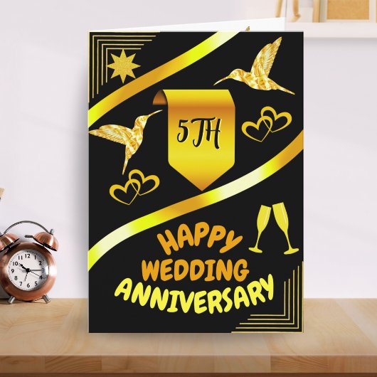 Carte Joyeux 5e anniversaire Mariage Noir & Or Moderne