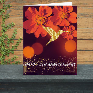 Carte Joyeux 5e anniversaire Mariage Orange Fleurs Bird