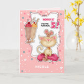 Carte Joyeux 5e anniversaire. Nom personnalisé Fun Kitty (Fleur jaune)