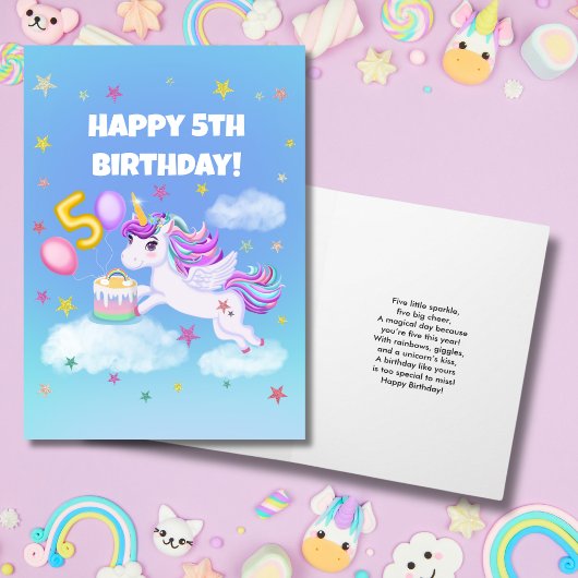 Carte Joyeux 5e anniversaire Unicorne avec gâteau d'anni