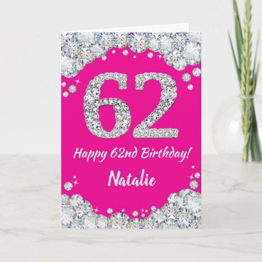 Carte Joyeux 62e Anniversaire Paillettes Rose Chaud et A (Devant)