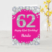 Carte Joyeux 62e Anniversaire Paillettes Rose Chaud et A (Fleur jaune)
