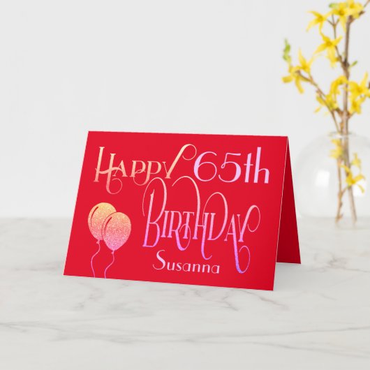 Carte Joyeux 65e anniversaire stylish Script Name Rouge (Fleur jaune)