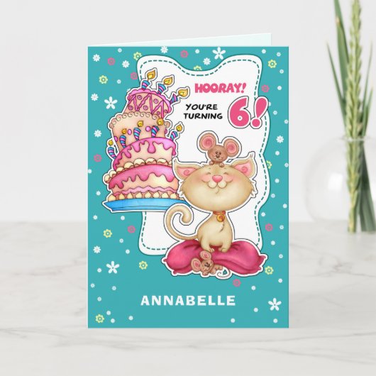 Carte Joyeux 6e anniversaire. Nom personnalisé Fun Kitty (Devant)