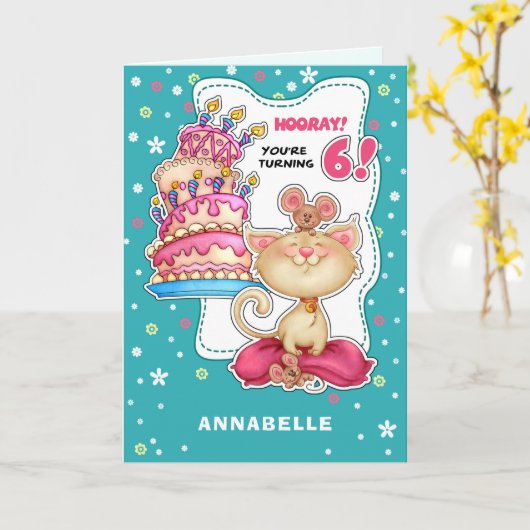 Carte Joyeux 6e anniversaire. Nom personnalisé Fun Kitty (Fleur jaune)